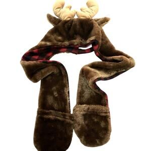 Wishpets 2012 Reindeer Toboggan Cap Plush Hat Mittens Plaid NWT